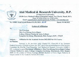 Read more about the article Atal Medical and Research University, Mandi, H.P. (A State Govt. University) granted Provisional Affiliation for the Academic Session 2022-2023 to Men-Tsee-Khang Sowa-Rigpa Medical College & Hospital, Dharamsala